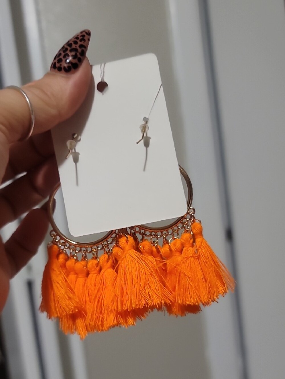 Boho Gold Hoop Earrings with Orange Tassels - Picture 2 of 2